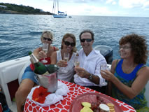 Celebrating wedding on powerboat in the USVI waters.